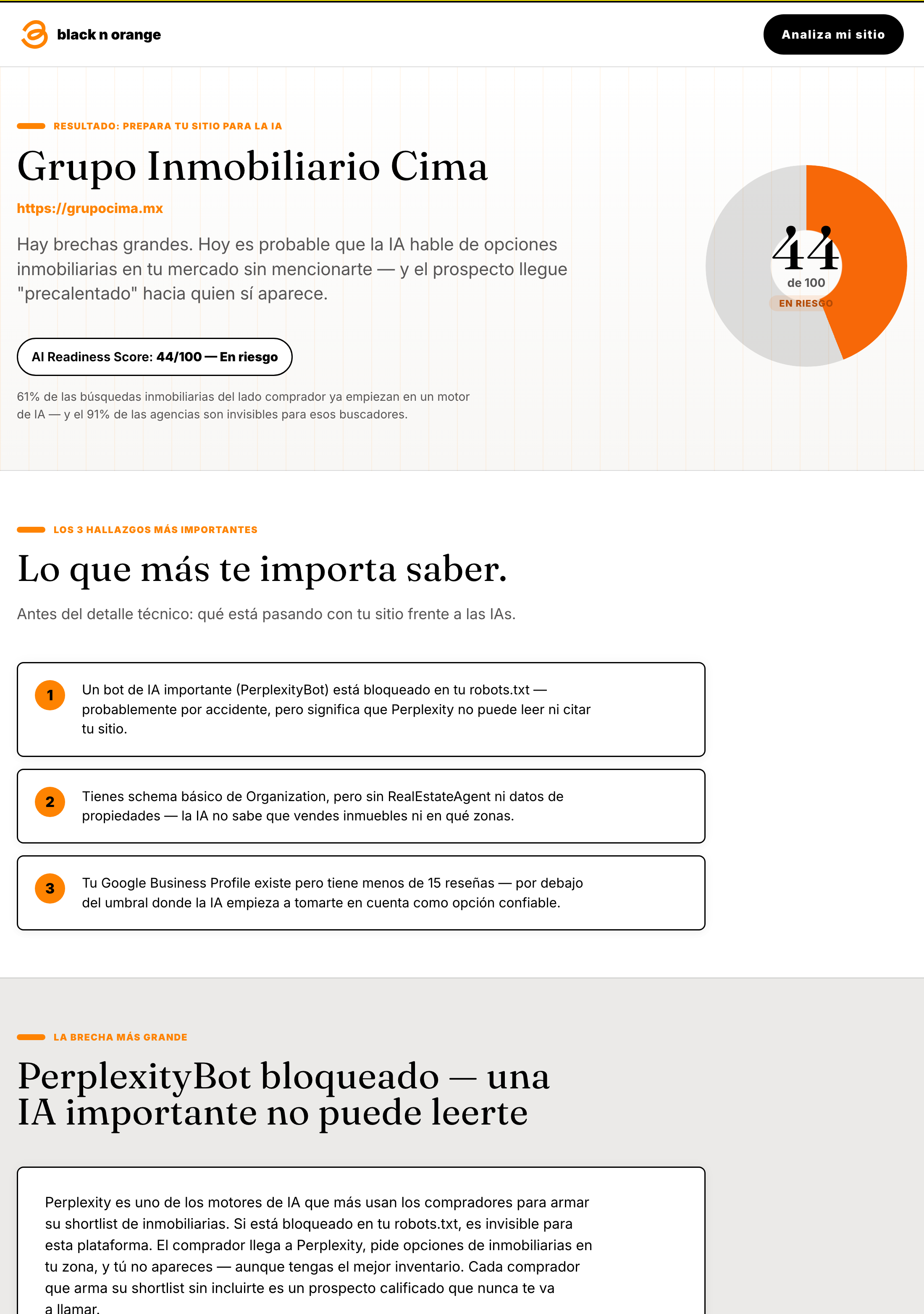 Pantalla de ejemplo del resultado: score AI Readiness para una agencia inmobiliaria, con indicadores por pilar y las 3 brechas más importantes
